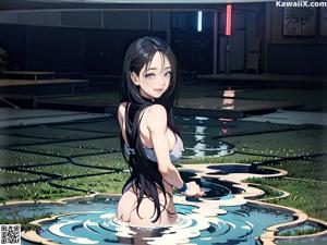 A woman in a bikini standing in a pool of water.