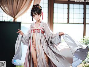 A woman in a white kimono standing in front of a window.